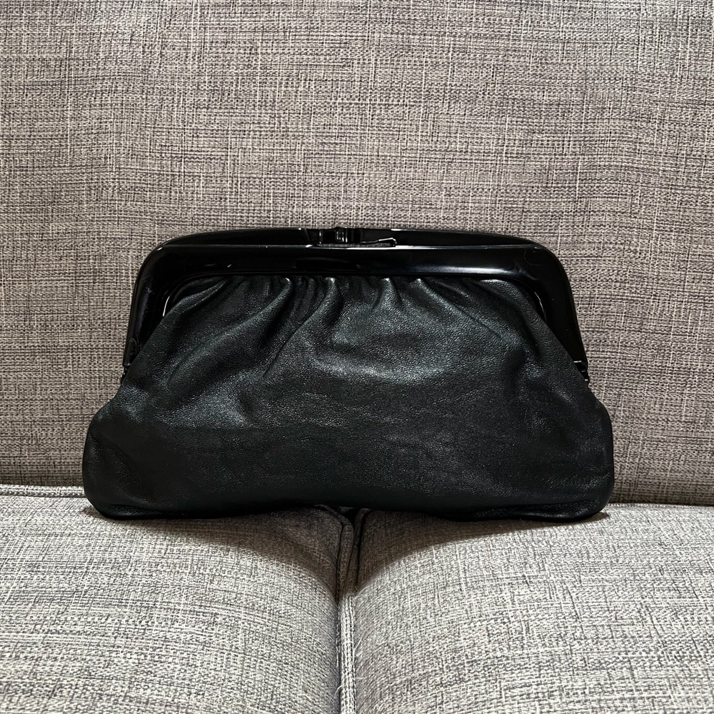 Vintage 1960s Italian Genuine Leather Ruched Lucite Frame Mod Black Clutch